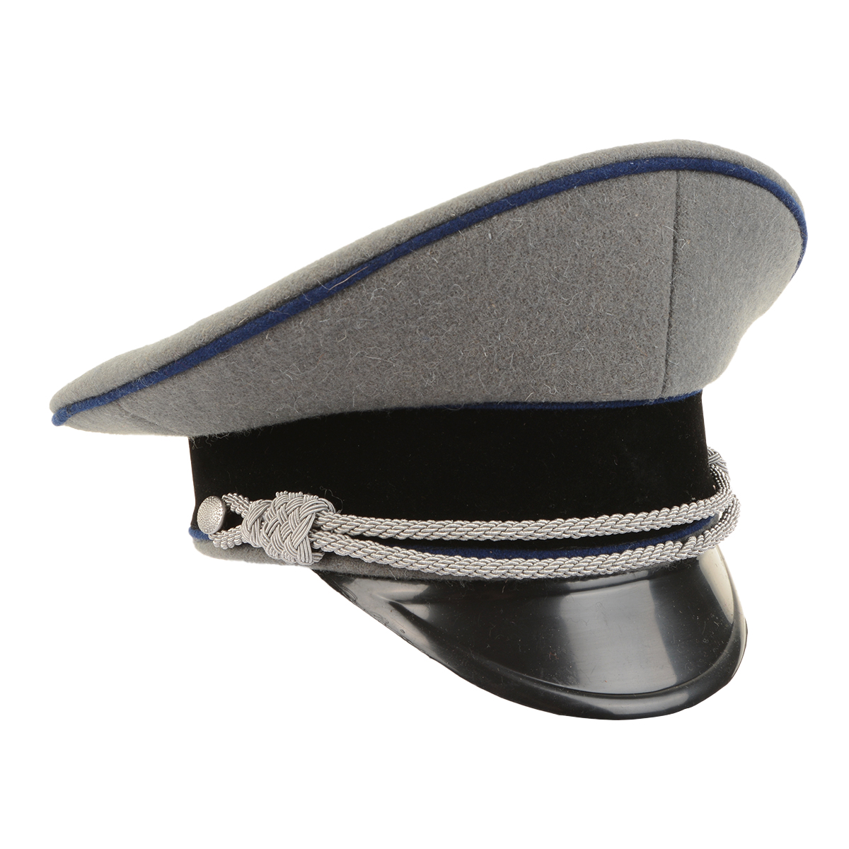 German Waffen SS Officer Visor Cap without Insignia Stone Grey Cornflower Blue Piping
