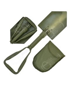 NAto style folding shovel shown as fully open, fully folded and shows the included carrying case