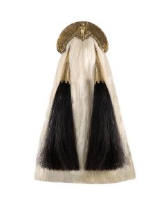 Front view of an Original Royal Scottish Sporran without Strap, showcasing all of the main features of the item - white horsehair body, black horsehair tassels and the Celtic design brass cantle.