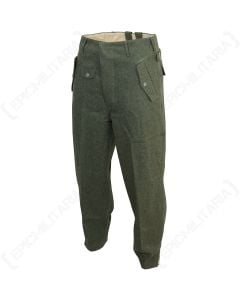 This view shows the front of the WW2 German Field Grey Jump Trousers Angled