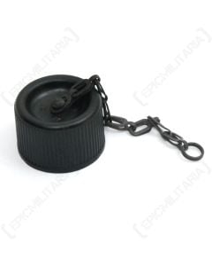 Top view of black original US Water Bottle Cap with metal chain on the top