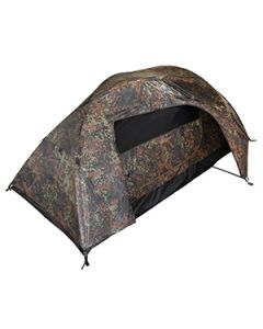 This view shows the Mil-Tec Two-Person Recon Tent in Flecktarn camo from the front-left. -TN
