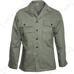 Front view of buttoned up, green American HBT Jacket with two large chest pockets