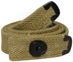 Front view of rolled up khaki canvas M1 Carbine Webbing Sling with black metal ends