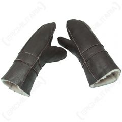 Top view of pair of brown American B3 Pilot Leather Mittens with white fleece inner