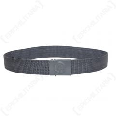 Front view of grey canvas belt with grey colored metal buckle