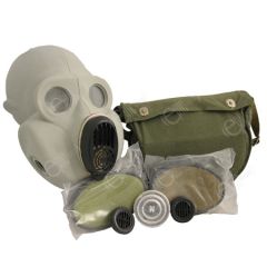 Front view of Russian PBF Grey Gas Mask with two extra filters and a canvas olive carrier