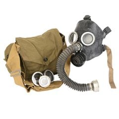 Front view of Russian PDF-D BLACK Childs Gas Mask with extra filers, and khaki canvas carrier