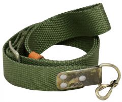 Front view of rolled up olive green canvs Green AK47 Webbing Sling witj ,eta; D ring and hook on the end