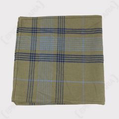 Folded up green handkerchief with dark and light blue line detail