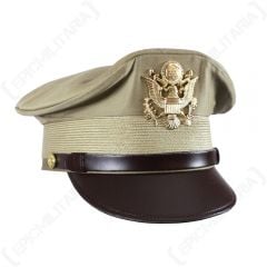 Side view of khaki US Army Officers Visor Cap with brown leather peak and brown leather band, with gold insignia on the front