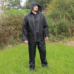 Jacket and Trousers Waterproofs Set - Black - Hood Up