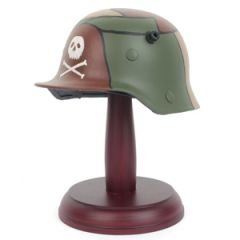 Miniature German M16 Helmet with Stand - 3 Colour Camo with Skull Thumbnail