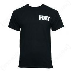 Black short sleeved t-shirt with 'Fury' in white on the left chest
