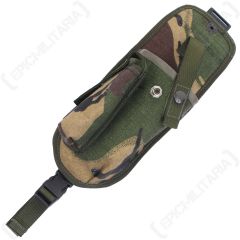 Top down view of open green and brown camouflage canvas holster with popper button closure and green canvas straps