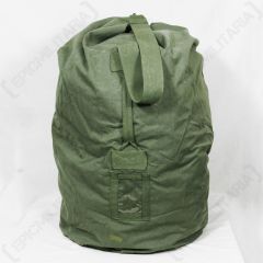 Upright olive green Dutch Army Duffel Bag with canvas shoulder strap