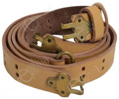 Rolled up light brown leather BAR sling with brass-coloured clips