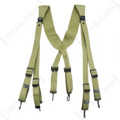 Front view of canvas khaki webbing suspenders with black clips