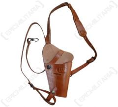 Front view of brown leather US M7 Shoulder Holster with strap