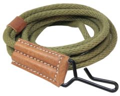 Rolled up olive green US Colt .45 Pistol Lanyard with light brown leather end