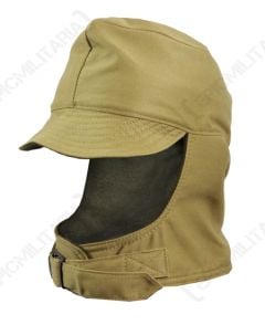 Side view of khaki WW2 US GI Winter Cap with peak and neck covering with buckle