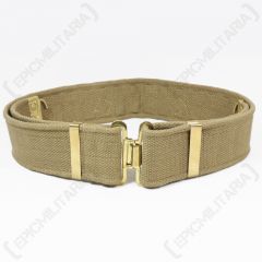 Khaki WW2 British Army 37 Pattern Belt with gold coloured clasp buckle on white background