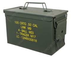 Side view of dark green rectangular US M2A1 .50 Cal Ammo Can with yellow text on the side