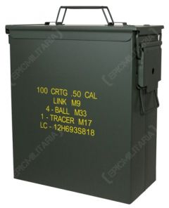 Side view of dark green, rectangular US M9 Large .50 Cal Ammo Can with yellow text on the side