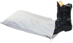 Black leather boot half inside a white cotton sack with white drawstring