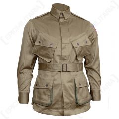Front view of khaki WW2 US Airborne M1942 Jacket with four popper-shut pockets and a waist belt