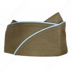 Side view of khaki WW2 US Infantry Garrison Cap with light blue piping