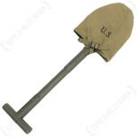 Front view of khaki canvas American M1910 shovel Cover and olive green shovel