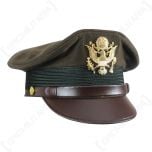 Side view of dark green US Army Officers Visor Cap with brown leather peak and band, and gold insignia on the front