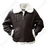 Front view of brown leather American B3 Bomber Pilot Jacket with white fleece lining. The arms of the jacket are in the pockets. There is a brass coloured zip, done up the middle