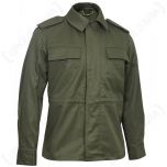 Front view of olive green field jacket, with two chest pockets