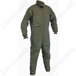 Front view of olive green German Army tanker overalls, turned slightly to the right