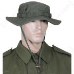 Front view of mannequin head wearing US Olive Green Jungle Boonie Hat and olive shirt