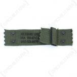 Dark green canvas M1 Helmet Liner Nape Strap with black rivets and black stamped text in the middle