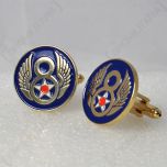 Pair of US 8th Airforce brass-coloured Cufflinks showing gold 8 with wings and white star on dark blue background