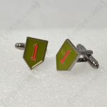 Pair of shield shaped WW2 American 1st Infantry Division Cufflinks, olive green with red number 1's in the middle, facing left