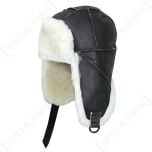 Side view of dark brown USAF B3 Pilot Leather Hat with white fur lining