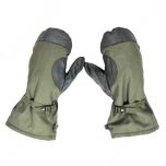 Back of pair of German Army Olive Green Winter Mittens with black colour patches over fingers and thumbs