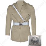 Khaki tunic with gold coloured buttons, with white belt and silver coloured buckle across waist with white cross-strap