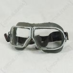 Front view of pair of pilot goggles with brown elasticated head strap