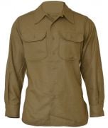 Front view of buttoned-up khaki American M37 Wool Shirt with two front chest pockets