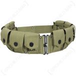 Front view of olive green canvas M1923 Garand Cartridge Belt with 10 pouches each with black popper style button closures