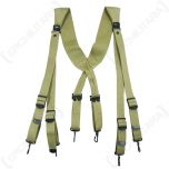 Front view of canvas khaki webbing suspenders with black clips
