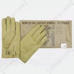 Top view of pair of cream coloured American WW2 Paratrooper Gloves with paper packaging