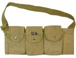 Front view of khaki canvas M1937 BAR Magazine Ammo Belt with 3 pouches each with popper style button closures