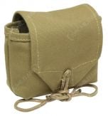 Side view of a khaki canvas US Airborne rigger pouch with a khaki rope tie closure